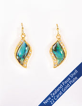 Load image into Gallery viewer, Marine Opal Paua Shell Earrings Gold Crystal Leaf Design
