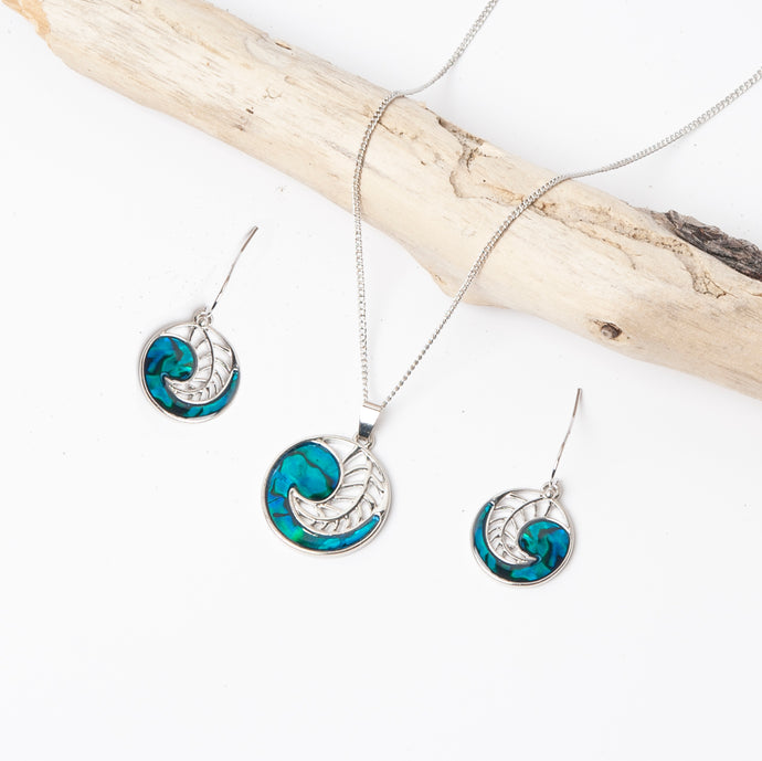 Marine Opal Paua Shell Necklace & Earrings Fern Set 